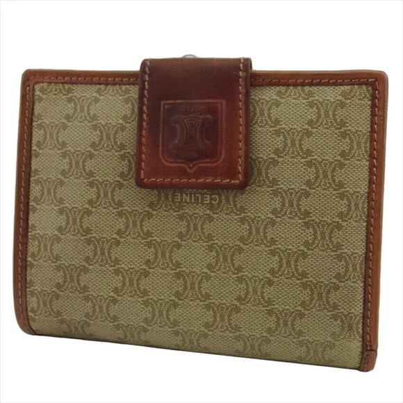 CELINE Bi -fold Wallet Macadam Beige PVC x Leather Authentic USED - Picture 1 of 11